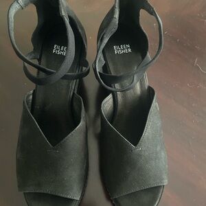 Eileen Fisher Black Suede Sandals with Ankle Strap
